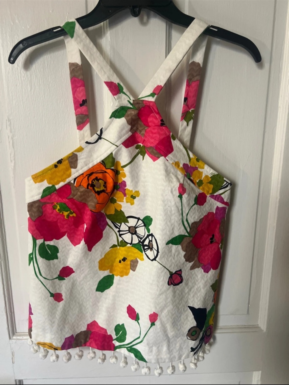 Trina Turk White Floral Pom-Pom Halter Top with Pink, Yellow & Orange Flowers